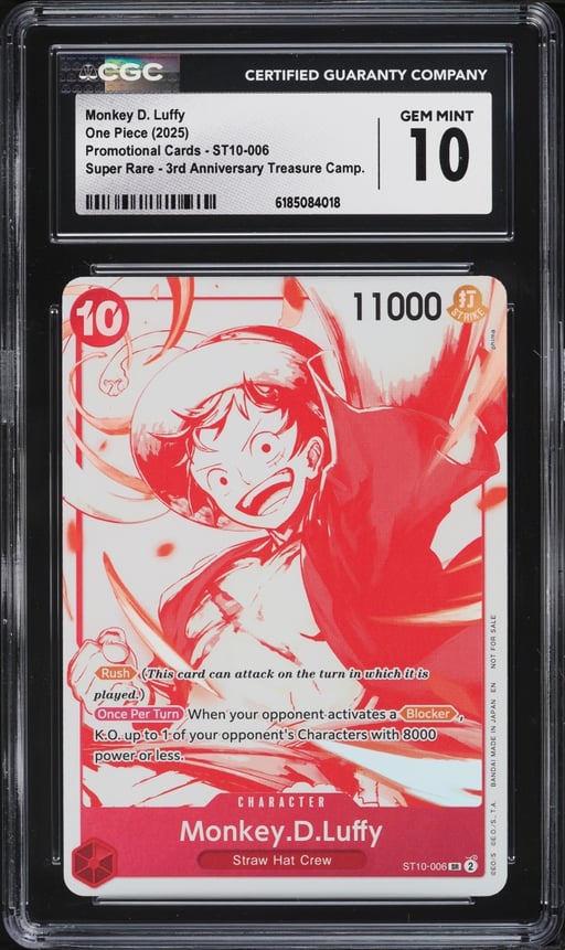 2025 One Piece Promo 3rd Anniversary Treasure Campaign SR Monkey D. Luffy #ST10-006 CGC 10 GEM