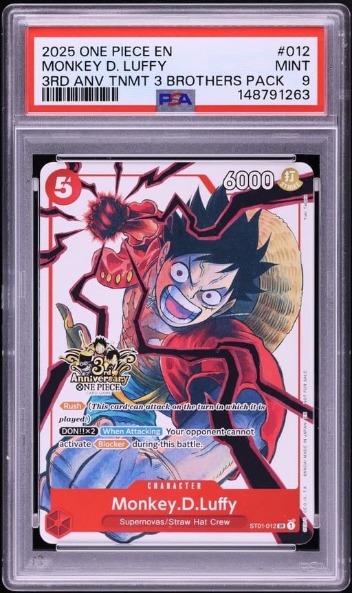 2025 One Piece Tournament Promos 3rd Anniversary 3 Brothers Pack Monkey D. Luffy #12 PSA 9 MINT