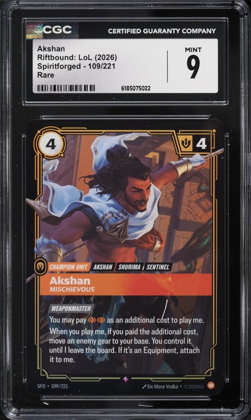 2026 Riftbound League Of Legends LoL Spiritforged Akshan #109 CGC 9 MINT