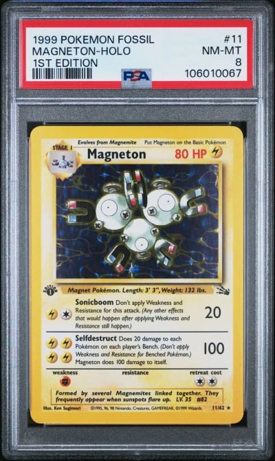 1999 POKEMON FOSSIL 1ST ED #11 MAGNETON-HOLO PSA 8