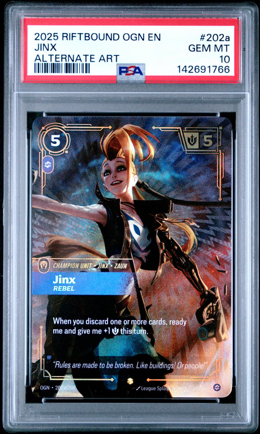 2025 RIFTBOUND: LEAGUE OF LEGENDS OGN-ORIGINS 202a JINX - REBEL ALTERNATE ART PSA 10