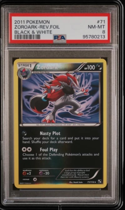 2011 POKEMON B&W #71 ZOROARK-REVERSE FOIL PSA 8
