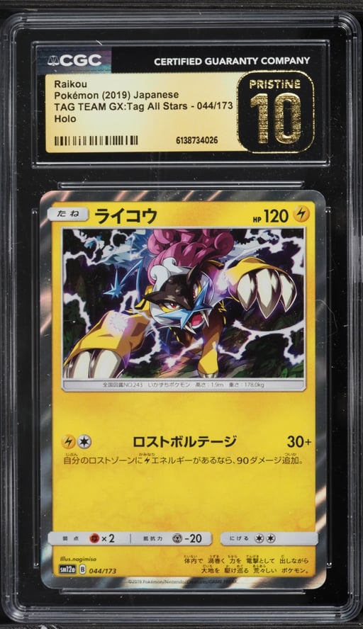 2019 Pokemon Japanese Sun & Moon Tag Team GX Tag All Stars Holo Raikou #44 CGC 10 PRISTINE