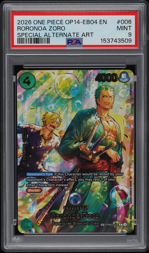 2026 ONE PIECE OP14-EB04-THE AZURE SEA'S SEVEN 006 RORONOA ZORO SPECIAL ALTERNATE ART PSA 9