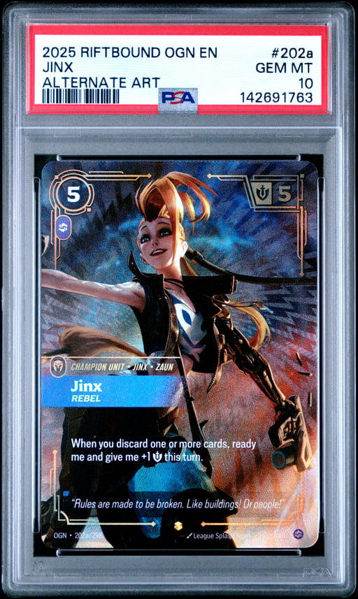 2025 RIFTBOUND: LEAGUE OF LEGENDS OGN-ORIGINS 202a JINX - REBEL ALTERNATE ART PSA 10