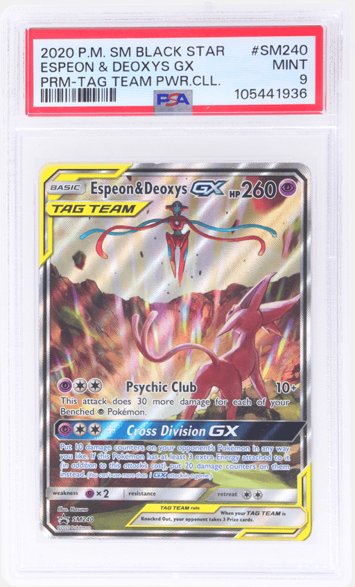 2020 Pokemon Sun and Moon Black Star Promos Tag Team Powers Collection Deoxys Gx/Espeon #SM240 PSA 9