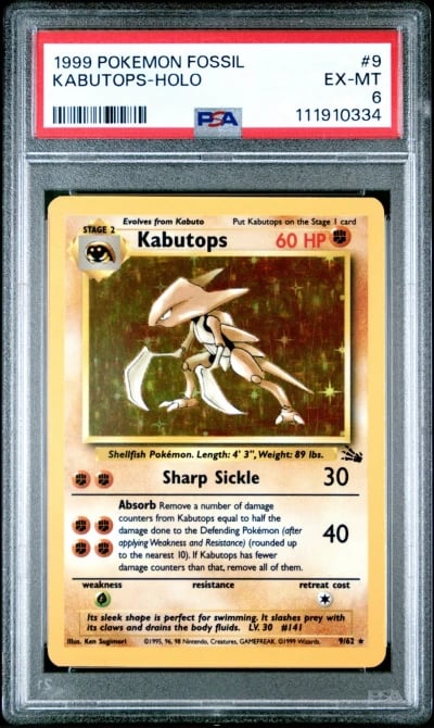 1999 POKEMON FOSSIL #9 KABUTOPS-HOLO UNLIMITED PSA 6 EX-MT