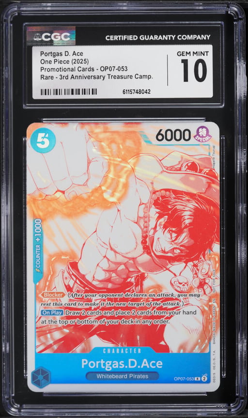 2025 One Piece Promo 3rd Anniversary Treasure Alt Art Portgas D. Ace #OP07-053 CGC 10 GEM MINT