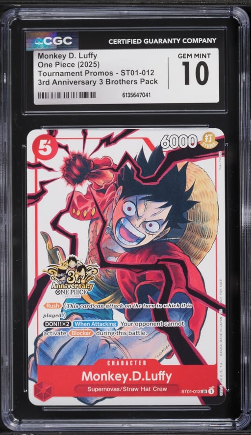 2025 One Piece Promo 3rd Anniversary 3 Brothers Pack Alt Art Monkey D. Luffy #ST01-012 CGC 10 GEM MINT