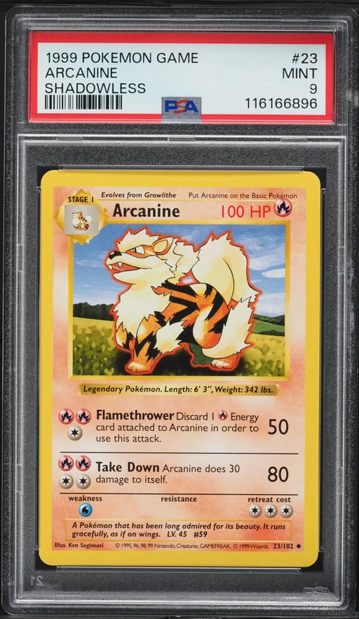 1999 Pokemon Base Set Shadowless Arcanine #23 PSA 9 MINT
