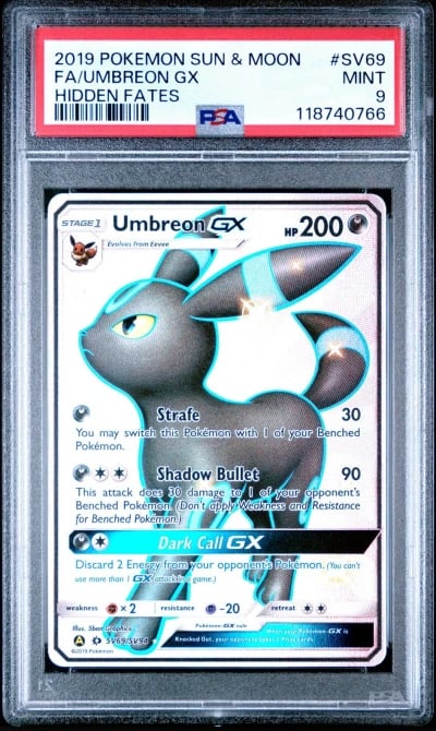 2019 POKEMON SUN & MOON HIDDEN FATES #SV69 FULL ART/UMBREON GX PSA 9