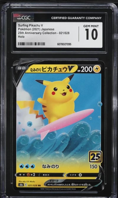 2021 Pokemon Japanese SWSH 25th Anniversary Holo Surfing Pikachu V #21 CGC 10