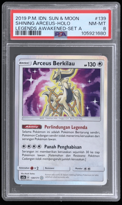 2019 Pokemon Sun and Moon Legends Awakened Set A Indonesian Holo Shining Arceus #139 PSA 8