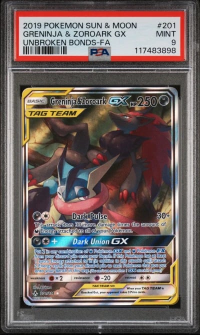 2019 POKEMON SUN & MOON UNBROKEN BONDS #201 FULL ART/GRENINJA & ZOROARK GX PSA 9