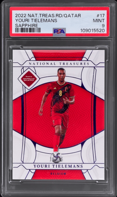2022 National Treasures Road To the World Cup Sapphire Youri Tielemans #17 16/25 PSA 9