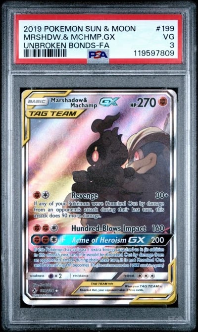 2019 POKEMON SUN & MOON UNBROKEN BONDS FULL ART/MARSHADOW & MACHAMP GX PSA 3
