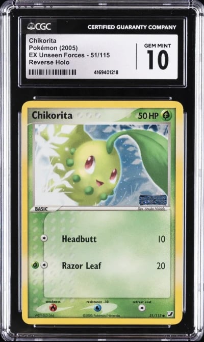 2005 POKEMON EX UNSEEN FORCES - REVERSE HOLO #51/115 CHIKORITA CGC 10 GEM MINT