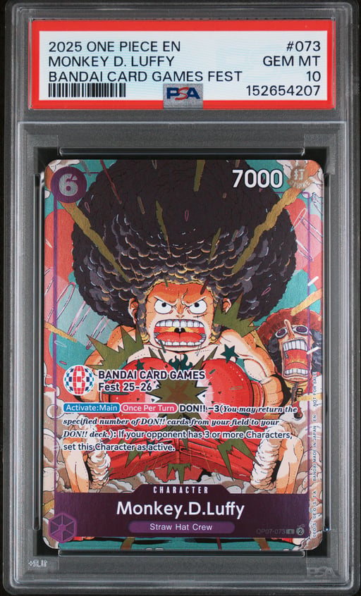 2025 ONE PIECE PROMOS 073 MONKEY D. LUFFY BANDAI CARD GAMES FEST PSA 10