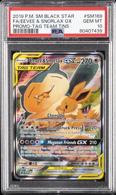 2019 POKEMON SM BLACK STAR PROMO #SM169 FULL ART/EEVEE & SNORLAX GX PSA 10