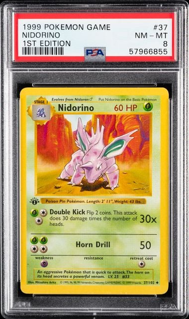 1999 POKEMON GAME #37 NIDORINO 1ST EDITION PSA 8