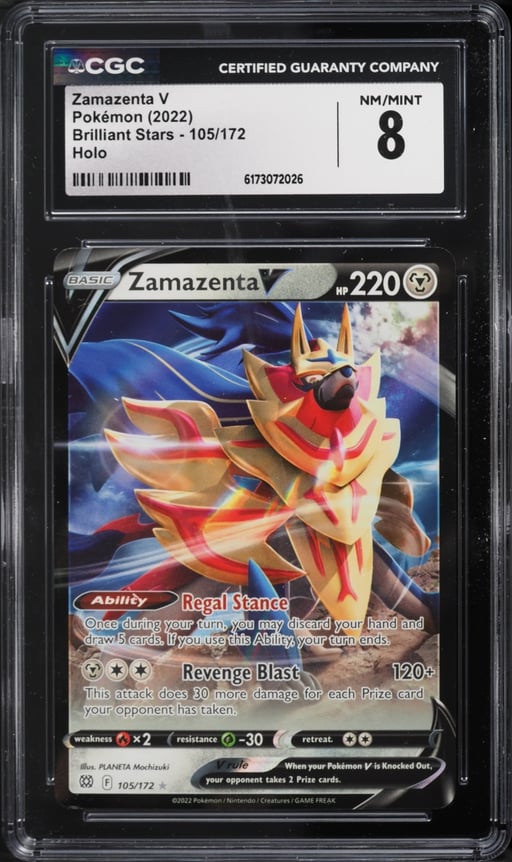 2022 Pokemon Sword & Shield Brilliant Stars Holo Zamazenta V #105 CGC 8 NM-MT
