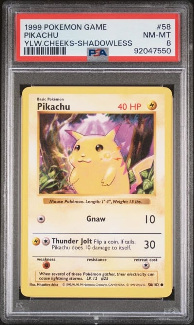 1999 POKEMON BASE SET SHADOWLESS YELLOW CHEEKS  #58 PIKACHU PSA 8