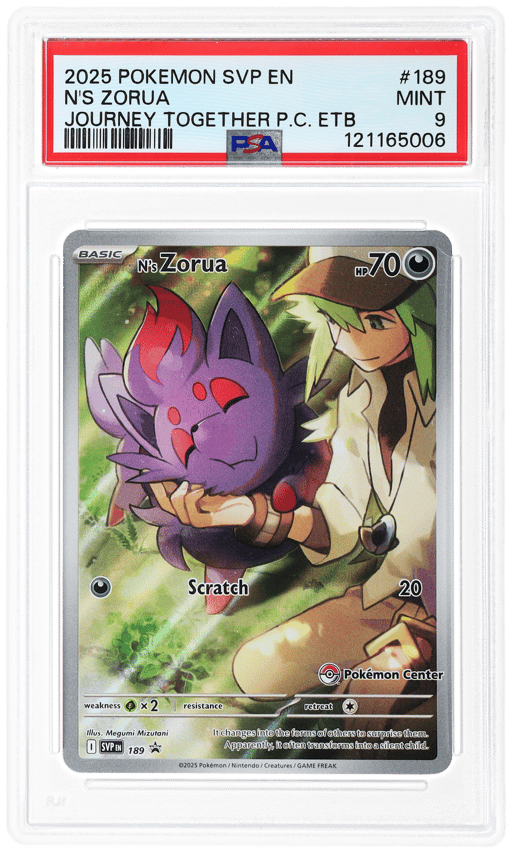 2025 Pokemon Scarlet and Violet Black Star Promo Journey Together Pokemon Center Elite Trainer Box N's Zorua #189 PSA 9