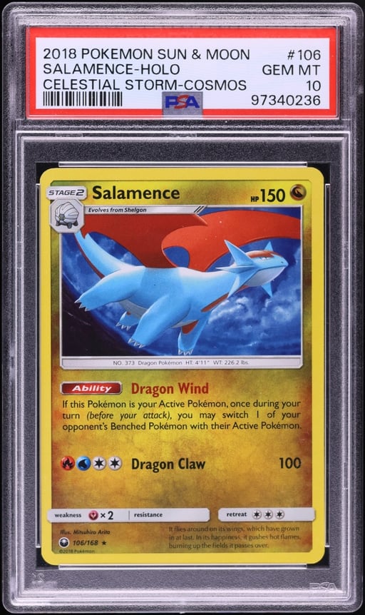 2018 Pokemon Sun & Moon Celestial Storm Cosmos Holo Salamence #106 PSA 10 GEM MINT