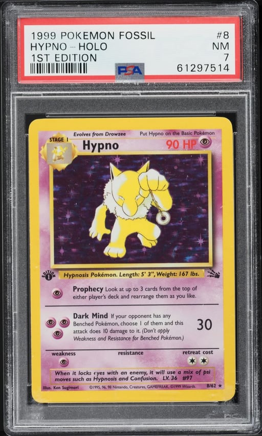 1999 Pokemon Fossil 1st Edition Holo Hypno #8 PSA 7 NRMT