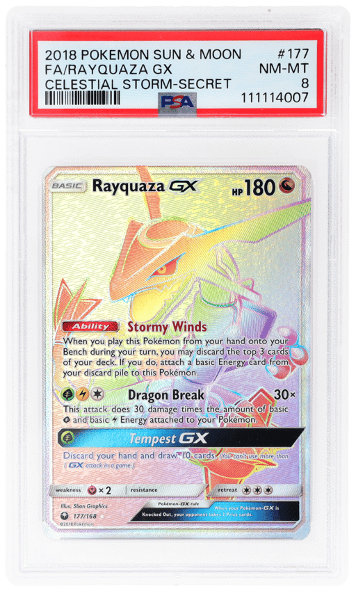 2018 Pokemon Sun and Moon Celestial Storm Secret Rare Rayquaza Gx #177 PSA 8