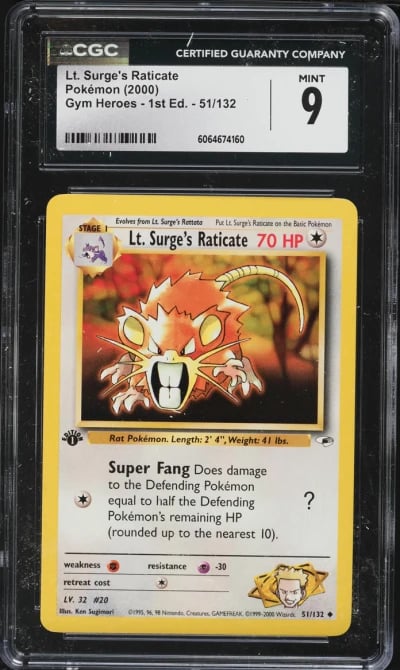 2000 Pokemon Gym Heroes 1st Edition Lt. Surge's Raticate #51 CGC 9 MINT