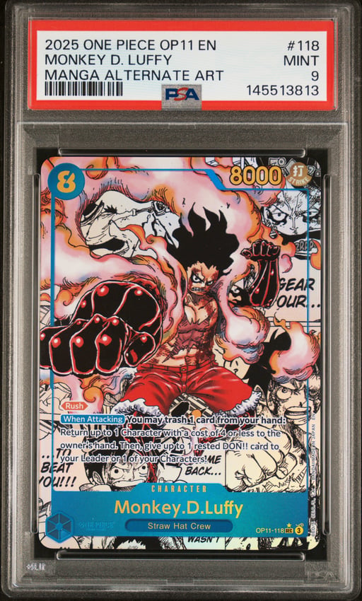 2025 ONE PIECE OP11-A FIST OF DIVINE SPEED 118 MONKEY D. LUFFY MANGA ALTERNATE ART PSA 9