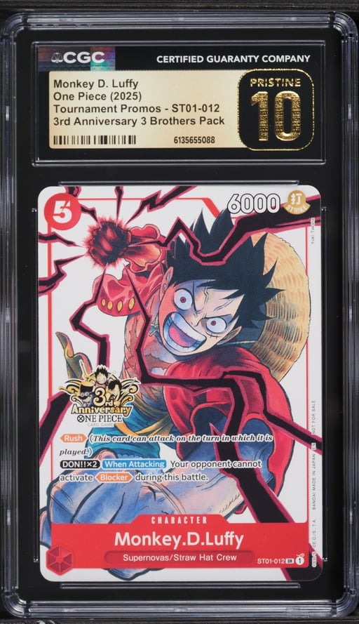 2025 One Piece Promo 3rd Anniversary 3 Brothers Pack Alt Art Monkey D. Luffy #ST01-012 CGC 10 PRISTINE