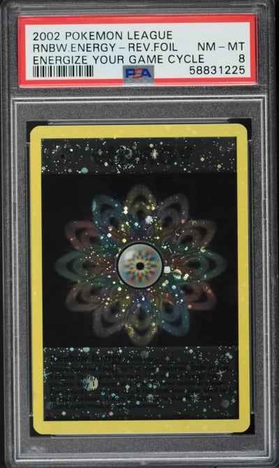 2002 Pokemon League Energize Your Game Cycle Reverse Holo Rainbow Energy PSA 8