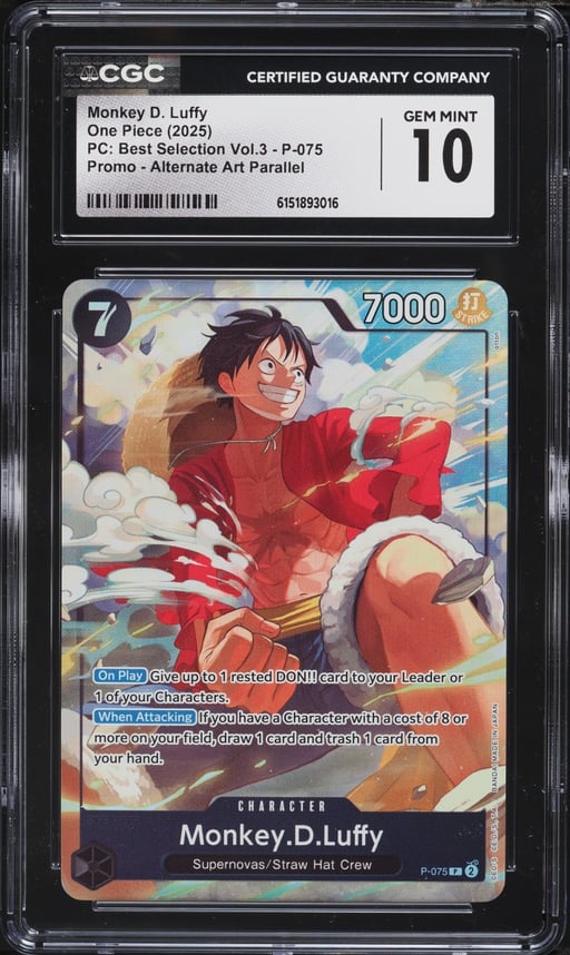 2025 One Piece Promo Premium Best Selection Vol. 3 Alt Art Monkey D. Luffy #P-075 CGC 10 GEM