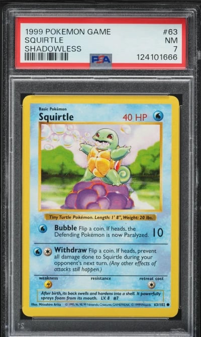 1999 Pokemon Base Set Shadowless Squirtle #63 PSA 7 NRMT