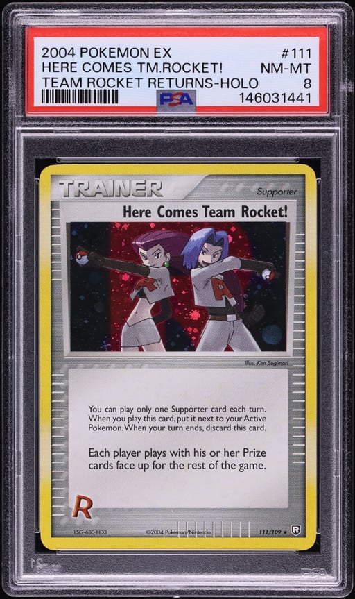 2004 Pokemon EX Team Rocket Returns Holo Here Comes Team Rocket #111 PSA 8 NM-MT
