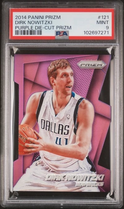 2014 PANINI PRIZM PURPLE DIE-CUT PRIZM #121 DIRK NOWITZKI 97/139 PSA 9