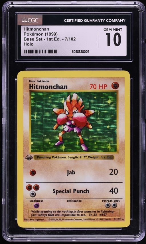 1999 Pokemon Base Set Shadowless 1st Edition Holo Hitmonchan #7 CGC 10 GEM MINT