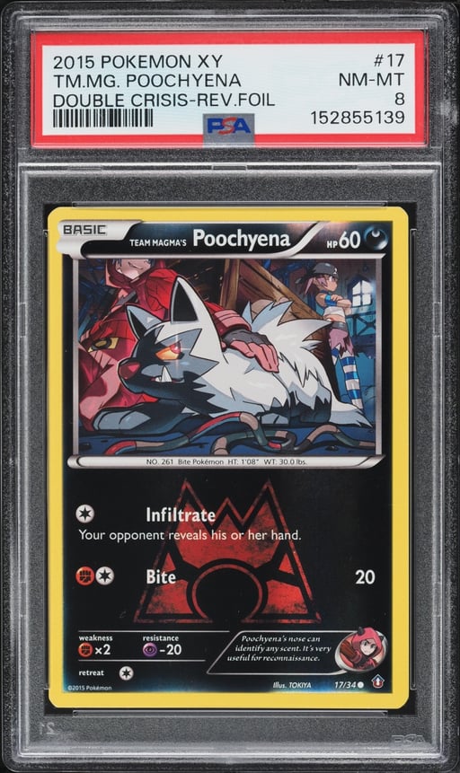 2015 Pokemon XY Double Crisis Reverse Holo Team Magma's Poochyena #17 PSA 8 NM-MT
