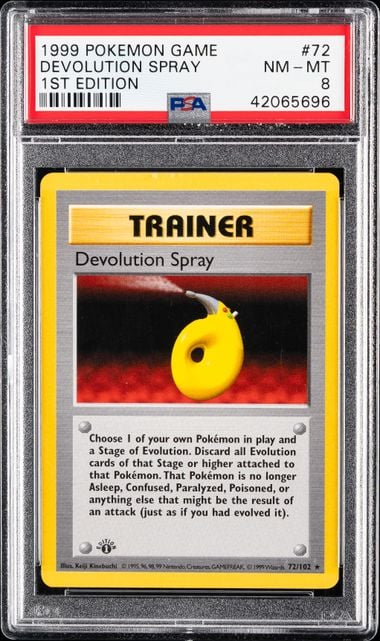 1999 POKEMON GAME #72 DEVOLUTION SPRAY 1ST EDITION PSA 8