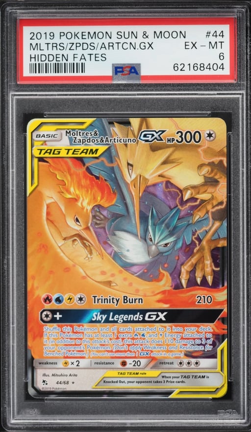 2019 Pokemon Sun & Moon Hidden Fates Holo Moltres & Zapdos & Articuno GX #44 PSA 6 EXMT