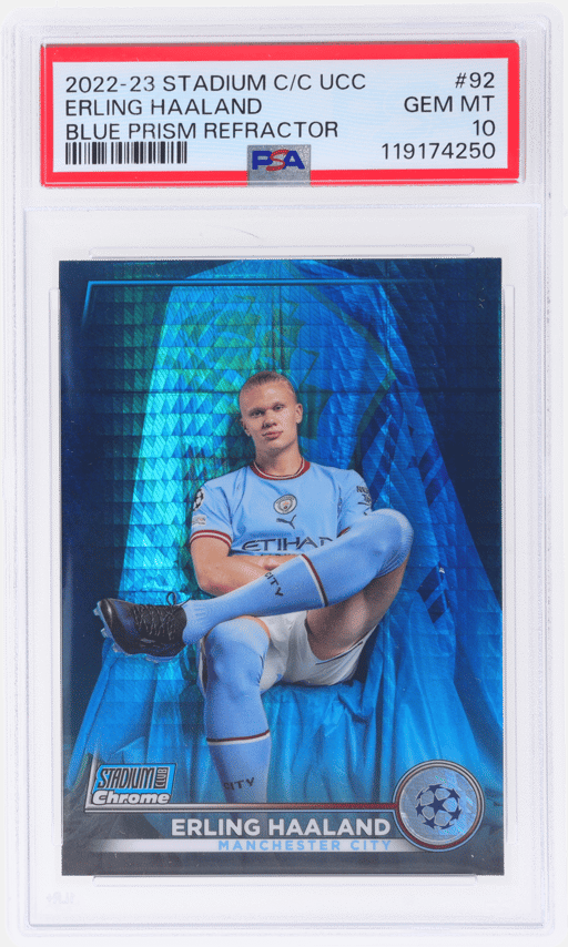 2022 Topps Stadium Club Chrome UEFA Club Competitions Blue Prism Refractor Erling Haaland #92 PSA 10