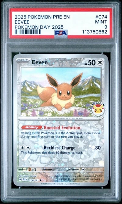 2025 POKEMON PRE EN-PRISMATIC EVOLUTIONS POKEMON DAY 2025 #074 EEVEE PSA 9