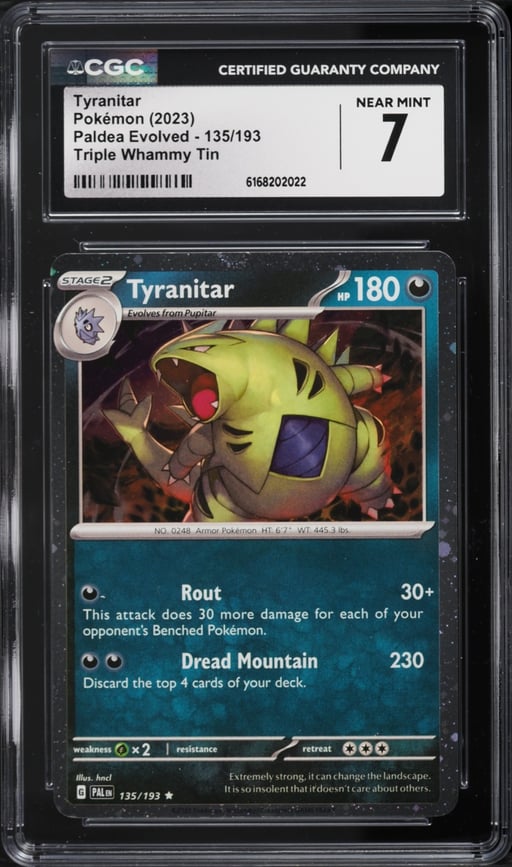 2023 Pokemon SV Paldea Evolved Triple Whammy Tin Cosmos Holo Tyranitar #135 CGC 7 NRMT