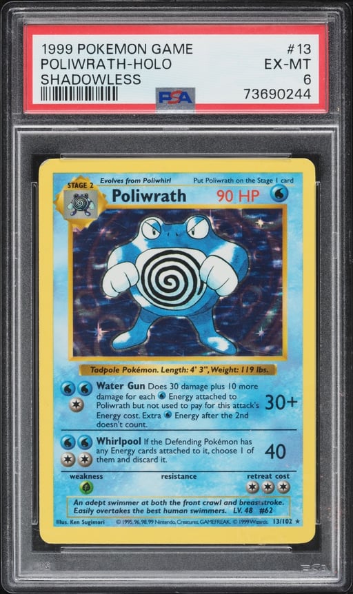 1999 Pokemon Base Set Shadowless Holo Poliwrath #13 PSA 6 EXMT