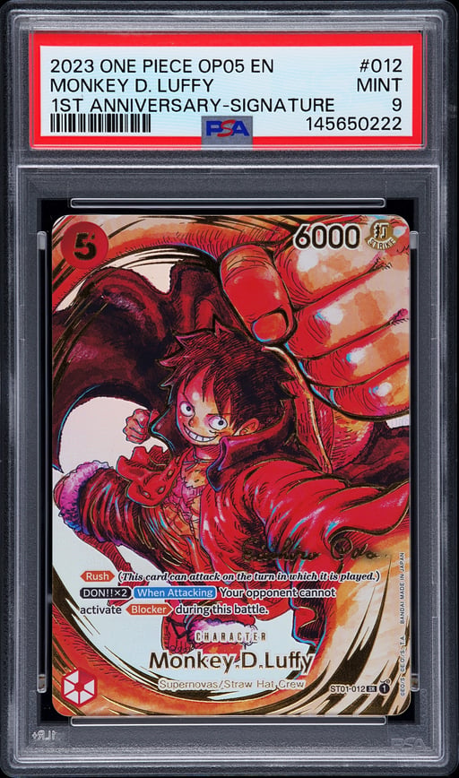 2023 ONE PIECE OP05-AWAKENING OF THE NEW ERA 012 MONKEY D. LUFFY 1ST ANNIVERSARY-SIGNATURE PSA 9