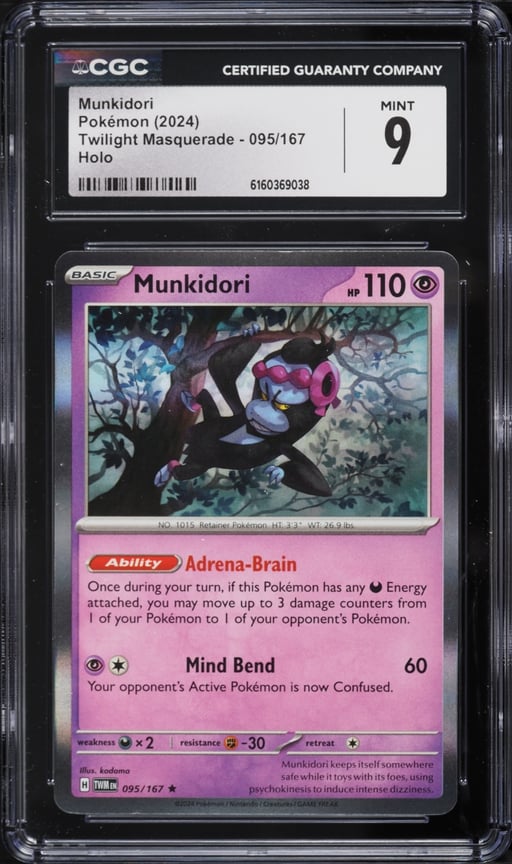 2024 Pokemon Scarlet & Violet Twilight Masquerade Holo Munkidori #95 CGC 9 MINT