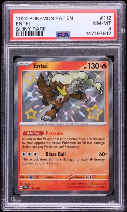 2024 Pokemon Scarlet & Violet Paldean Fates Shiny Entei #112 PSA 8 NM-MT