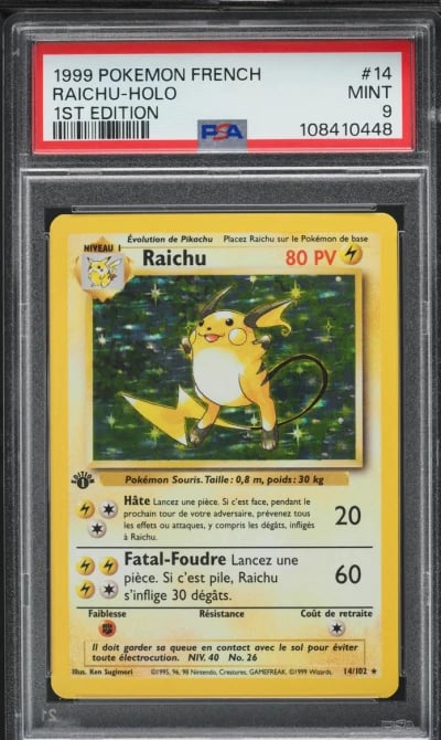 1999 Pokemon French Base Set 1st Edition Holo Raichu #14 PSA 9 MINT